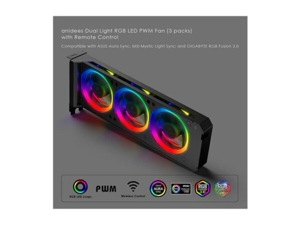 Anidees Graphic Card Cooler 3 x 80mm PWM Fan, Support ASUS Aura SYNC/MSI Mystic Sync/ASROCK Aura RGB/GIGABYTE RGB Fusion (5V 3-Pin Addressable Headers ONLY) PCI Mount Bracket with Remote - AI-GP-CL