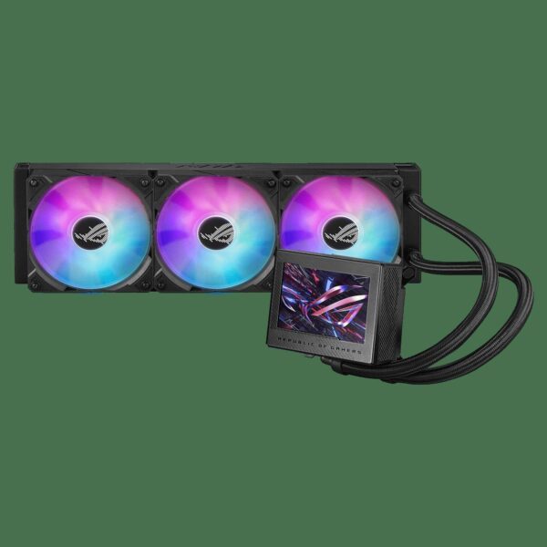 ASUS ROG Ryujin III 360 ARGB all-in-one liquid CPU cooler with 360mm radiator. Asetek 8th gen pump, 3x magnetic 120mm ARGB fans (Daisy Chain design), 3.5” LCD display