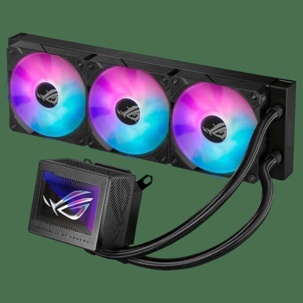 ASUS ROG Ryujin III 360 ARGB all-in-one liquid CPU cooler with 360mm radiator. Asetek 8th gen pump, 3x magnetic 120mm ARGB fans (Daisy Chain design), 3.5” LCD display