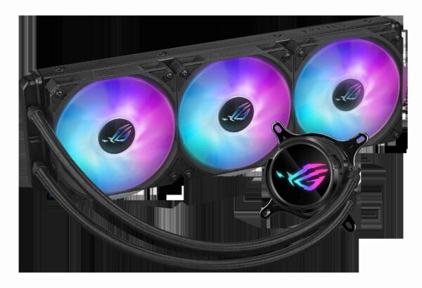 ASUS ROG Strix LC III 360 ARGB all-in-one CPU liquid cooler with 360° rotatable water block, Asetek’s new Gen7 v2 pump, premium ROG ARGB fans, and 10+ custom Aura lighting effects