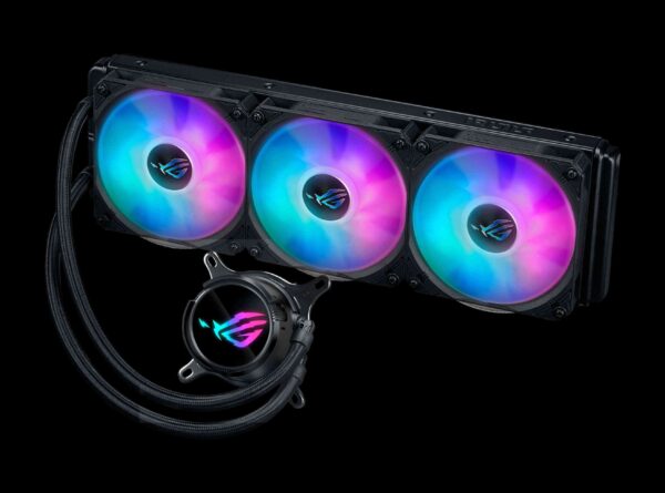 ASUS ROG Strix LC III 360 ARGB all-in-one CPU liquid cooler with 360° rotatable water block, Asetek’s new Gen7 v2 pump, premium ROG ARGB fans, and 10+ custom Aura lighting effects