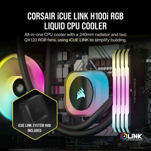 CORSAIR iCUE LINK H100i RGB Liquid CPU Cooler - QX120 RGB Fans - 240mm Radiator - Fits Intel® LGA 1700, AMD® AM5 - iCUE LINK System Hub Included