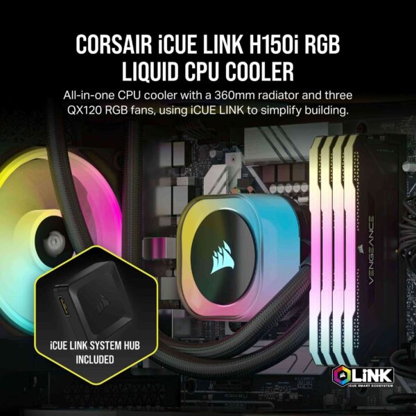 CORSAIR iCUE LINK H150i RGB Liquid CPU Cooler - QX120 RGB Fans - 360mm Radiator - Fits Intel® LGA 1700, AMD® AM5 - iCUE LINK System Hub Included