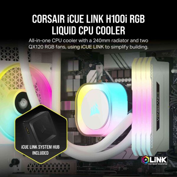 CORSAIR iCUE LINK H100i RGB Liquid CPU Cooler - QX120 RGB Fans - White - 240mm Radiator - Fits Intel® LGA 1700, AMD® AM5 - iCUE LINK System Hub Included