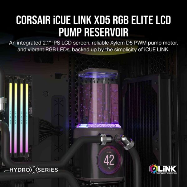 CORSAIR iCUE LINK XD5 RGB ELITE LCD Pump-Reservoir Unit - D5 PWM Pump - 480x480 IPS LCD Screen - Effortless iCUE Connectivity - 22 Addressable RGB LEDs - 440ml nylon reservoir - Metallic body