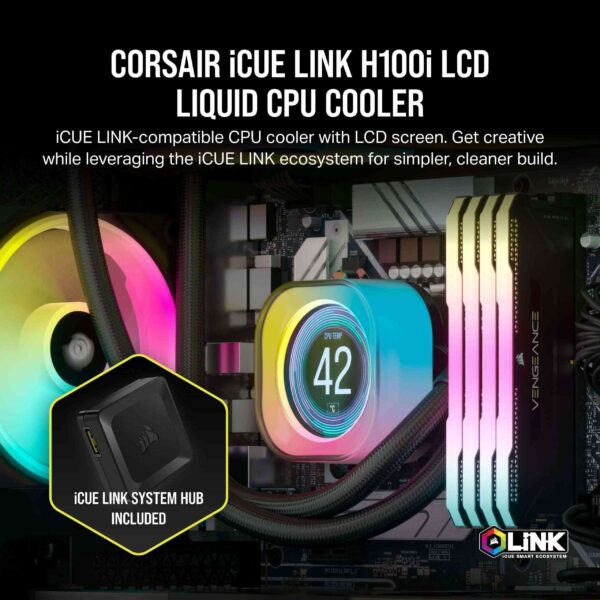 CORSAIR iCUE LINK H100i LCD Liquid CPU Cooler - QX120 RGB Fans - 2.1” IPS LCD screen - 240mm Radiator - Fits Intel LGA 1700, AMD AM5 - iCUE LINK System Hub Included