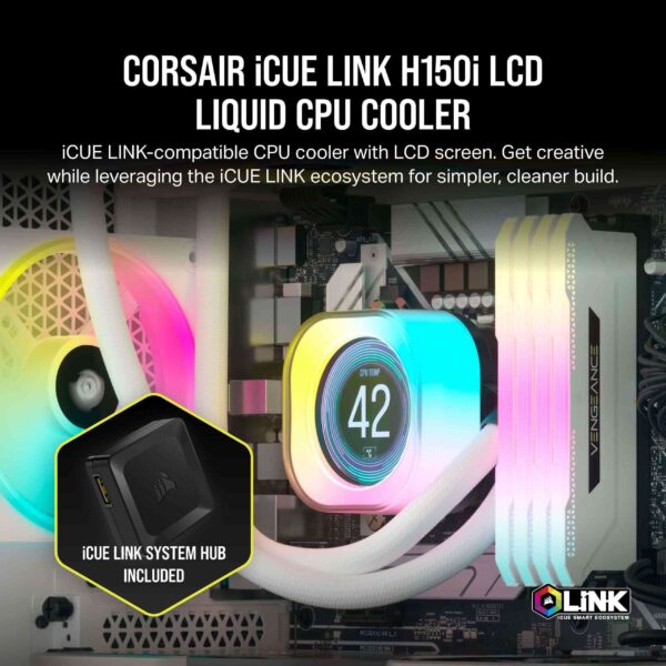 CORSAIR iCUE LINK H150i LCD Liquid CPU Cooler - QX120 RGB Fans - White - 360mm Radiator - Fits Intel LGA 1700, AMD AM5 - iCUE LINK System Hub Included