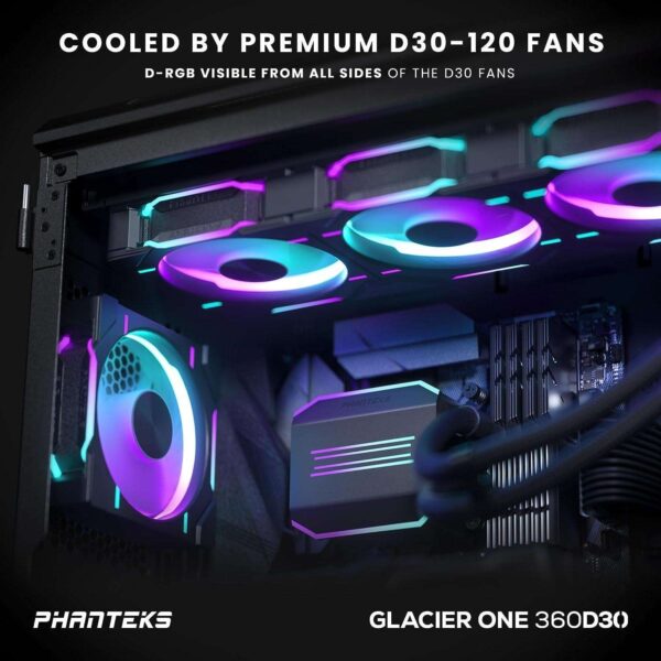 Phanteks Glacier One 360D30 Premium D-RGB AIO Liquid CPU Cooler, DRGB Pump Cap Design, 3x D30 120mm PWM D-RGB Fans, Black