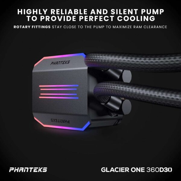 Phanteks Glacier One 360D30 Premium D-RGB AIO Liquid CPU Cooler, DRGB Pump Cap Design, 3x D30 120mm PWM D-RGB Fans, Black