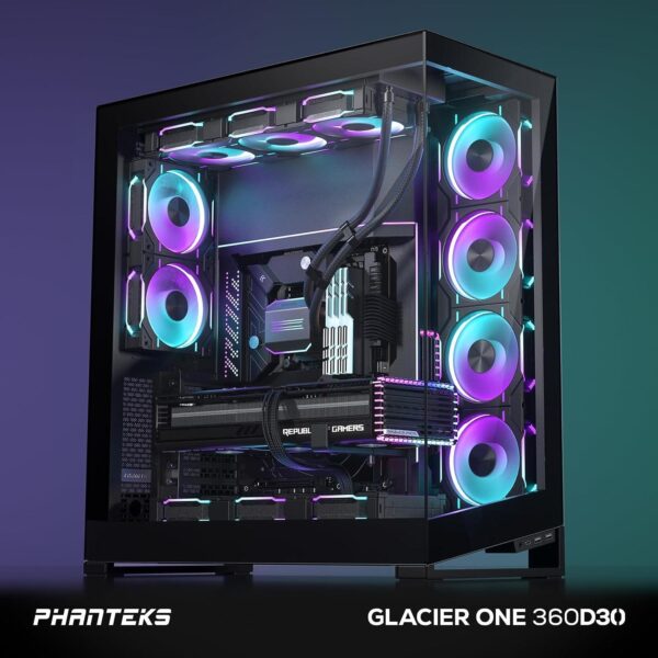 Phanteks Glacier One 360D30 Premium D-RGB AIO Liquid CPU Cooler, DRGB Pump Cap Design, 3x D30 120mm PWM D-RGB Fans, Black