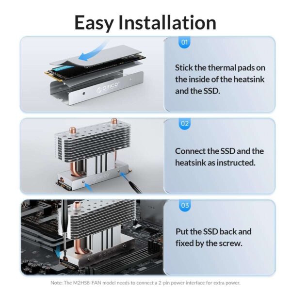 ORICO Strong Heat Dissipation M.2 SSD 2280 Heatsink Aluminum Cooling Copper Heat Pipe Silicon Therma Pads Gold with Cooling Fan