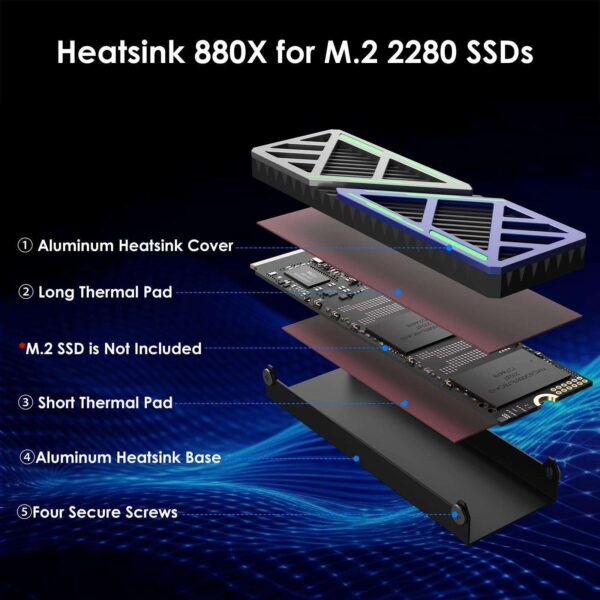 WAVLINK M.2 SSD Heatsink, 2280 NVMe/SATA SSD Heatsink for PC/PS5/mATX/MiniATX Cooling, M.2 SSD Cooler with Dual Thermal Silicone Pads, 3mm Adjustable Height, Aluminum Body