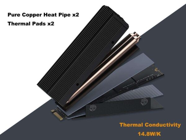 M.2 2280 NVMe SSD Heatsink Almunum Heat Sink, with 2x 6mm Copper Heat Pipe & 14.8w/k Thermal Silicone Pads for PC NGFF M2 / PS5 Cooling Radiator