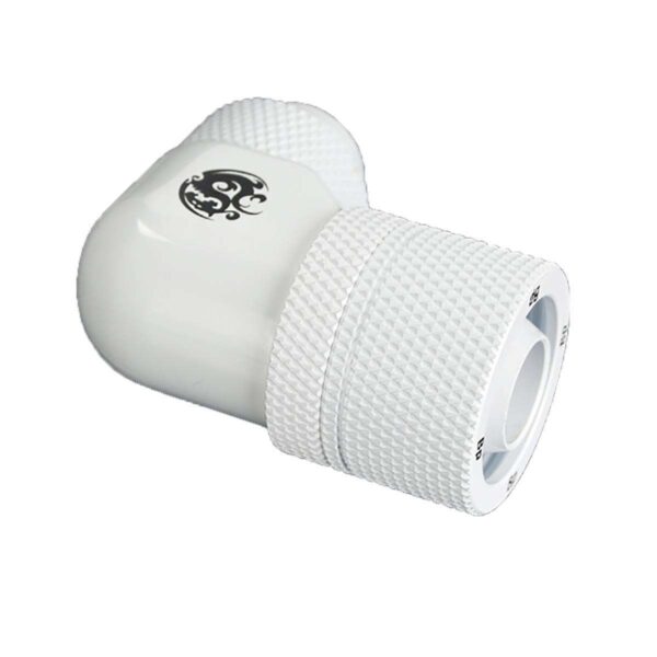 Bitspower G1/4" to 3/8" ID, 5/8" OD Compression Fitting for Soft Tubing, CC3 Ultimate, 90 Degree Dual Rotary, Deluxe White