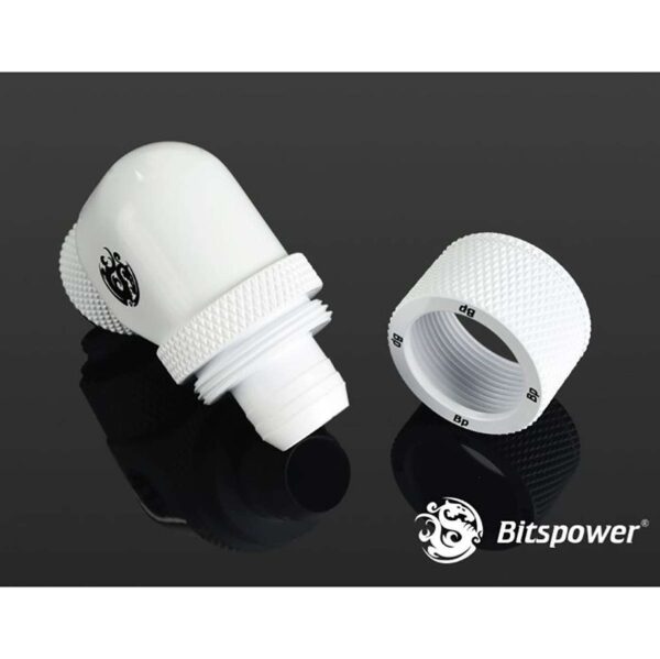 Bitspower G1/4" to 3/8" ID, 5/8" OD Compression Fitting for Soft Tubing, CC3 Ultimate, 90 Degree Dual Rotary, Deluxe White