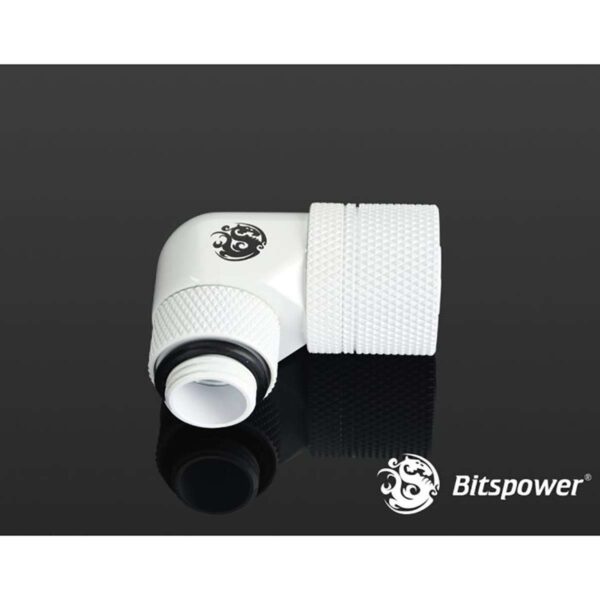 Bitspower G1/4" to 3/8" ID, 5/8" OD Compression Fitting for Soft Tubing, CC3 Ultimate, 90 Degree Dual Rotary, Deluxe White