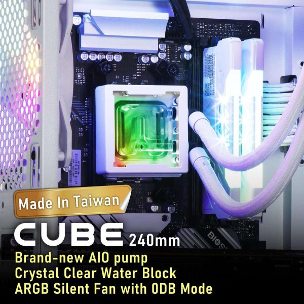 BitFenix Cube AIO ARGB CPU Liquid Cooler 240mm Radiator White, Intel LGA1700/AMD AM5 Ready, Innovative Pump with Lift of 1.8 M/high Efficiency 5500RPM/ Silent 15DB, High Quality Made in Taiwan