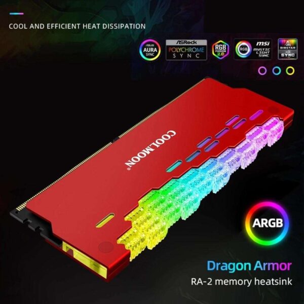 COOLMOON ARGB RAM Heatsink Cooler RGB Memory Cooling Heat Sink 5V 3 Pin 4 Pin Aluminum Alloy RA-2 Colorful Flashing Heat Spreader for Desktop PC Computer Accessories (Red)