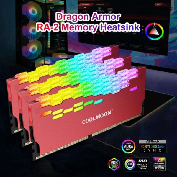 COOLMOON ARGB RAM Heatsink Cooler RGB Memory Cooling Heat Sink 5V 3 Pin 4 Pin Aluminum Alloy RA-2 Colorful Flashing Heat Spreader for Desktop PC Computer Accessories (Red)