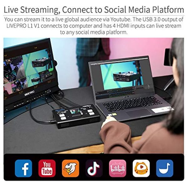 FEELWORLD LIVEPRO L1 V1 Multi Camera Video Mixer Switcher 2 Inch LCD Display 4 x HDMI Inputs USB 3.0 Output Format Real Time Production Live Streaming Lightweight (LIVEPROL1V1-OF-US)