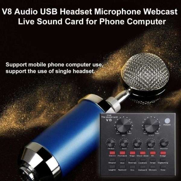 Audio USB Headset Microphone Webcast Live Sound Card for Youtuber 18 Sound Effects 6 Modes Sound Card for Phone Computer