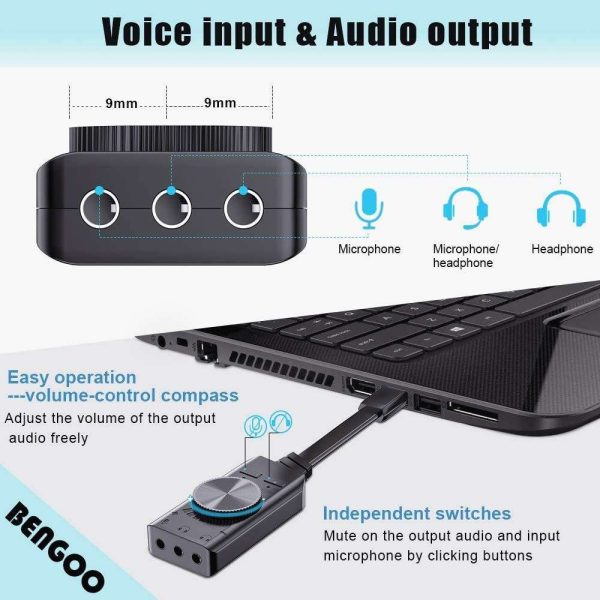 Virtual 7.1 USB Sound Card Adapter BENGOO External Audio Adapter Stereo Sound Card Converter 3.5mm AUX Microphone Jack for Gaming Headset Earphone PS4 Laptop Desktop Windows Mac OS Linux, Plug Play