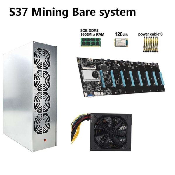 BTC-S37 Mining Motherboard with CPU and SSD 128GB + DDR3 8GB RAM + Chassis + power supply 1850W Kit Mining crypto ETH Set