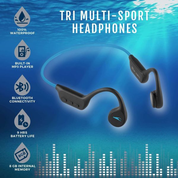 H2O Audio Multi-Sport Waterproof Bone Conduction Headphones with Black Hard Shell Protective Carrying Case - Bluetooth, MP3 Player, and Poly Blend Fabric - Blue