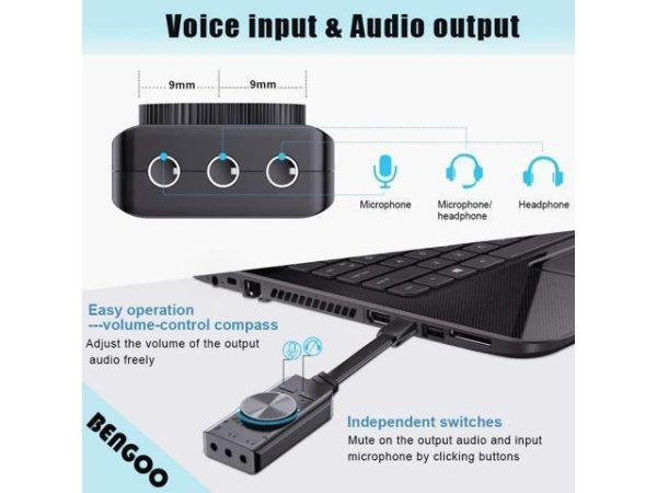 Virtual 7.1 USB Sound Card Adapter BENGOO External Audio Adapter Stereo Sound Card Converter 3.5mm AUX Microphone Jack for Gaming Headset Earphone PS4 Laptop Desktop Windows Mac OS Linux, Plug Play