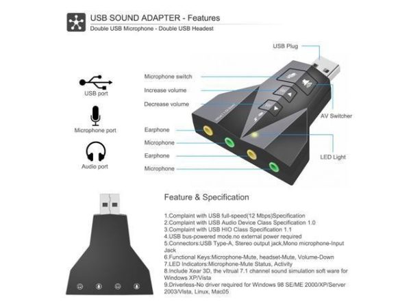 SB External Stereo Sound Adapter Werleo [Updated Version] Virtual 7.1 Channel Double USB Microphone & Headset Port Plug and Play No Drivers Needed for Windows Mac Linux