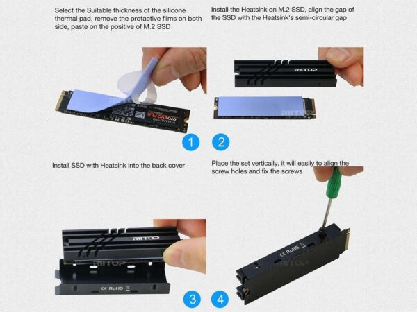 M.2 2280 SSD Heatsink Cooler, RIITOP M.2 SSD Heat Sink with Thermal Silicone pad, Support Single and Double Sided M.2 SSD, for Desktop PC Computer / PS5 M.2 PCIE NVMe SSD or M.2 SATA SSD