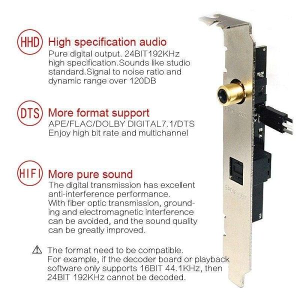 24BIT192KHz SPDIF Daughter Card Optical Fiber Coaxial Digital Sound Card Baffle DAC DTS Decoder for General Motherboard