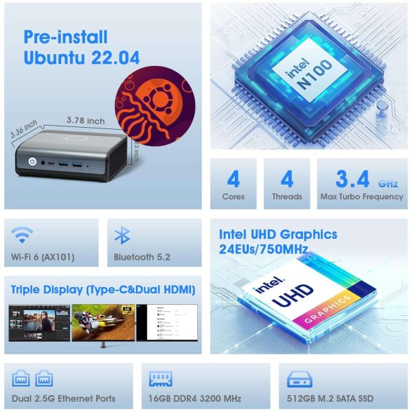 Ubuntu Linux Mini PC,Intel N100 16GB RAM 512GB SSD Mini Computers,Dual 2.5 Gigabit Etherent LAN,Micro Home Server PC Support 4K Triple Display/WiFi6/BT5.2/USB3.2