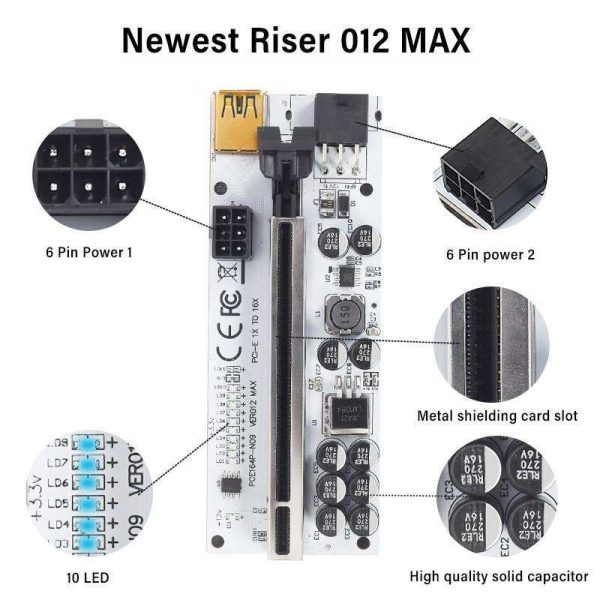 6Pcs Newest Riser VER012 MAX USB 3.0 PCI-E Riser VER 012 MAX Express 1X 16x Extender GPU Riser Adapter Card LED Work Indicator