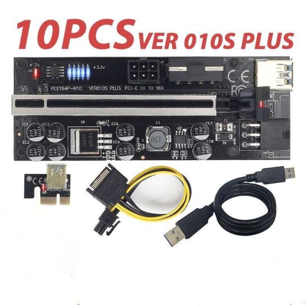 10pcs VER010 USB3.0 PCI-E Riser VER 0010S PLUS Express 1X 16x Extender pcie Riser Adapter Card SATA 15pin to 6pin Power