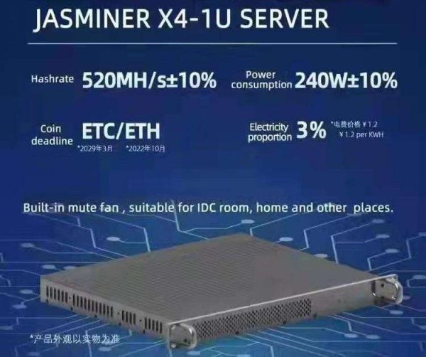 Jasminer X4 1U Server ETC Asic Miner Hashrate of  520MH/s with Lowest Consumption 240W Ethereum Miner Supply and Guaranty by ELEC SPACE