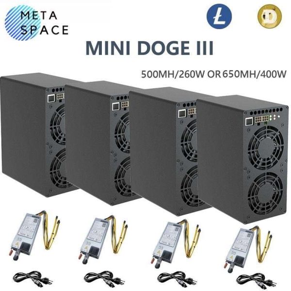 4PCS SETS Gold Shell MINI DOGE III Miner Support LTC & Doge Coin Miner Mini Doge 3 With PSU 650MH/S 400W Litcoin Miner Low Noise Better Than Mini Doge II Miner