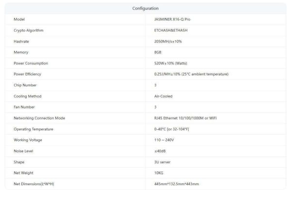 New Jasminer X16Q Pro 2050Mh/s 520W ETC miner 8Gb wifi JASMINER X16 High Throughput Quiet Pro Asic Miner ETC Ethash ETHW Miner Better Than jasminer x16Q 1950M