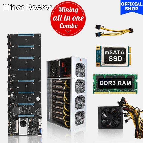 8 Gpu Mining Motherboard with CPU and SSD 128GB DDR3 + 8GB RAM + Chassis + power supply 1850W Kit Mining crypto ETH Set S37 Rigs Box