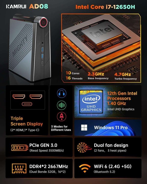 KAMRUI Intel Core i7-12650H Mini Gaming PC, 32GB DDR4 Dual Channel 512GB M.2 NVME SSD, Mini Tower PC Windows 11 Pro with 4K Triple Display, Type C, WiFi 6, BT 5.2, Mini Desktop Computer for Office