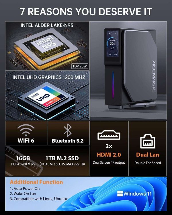 ACE S1 Mini PC with LCD Screen, Intel Alder Lake-N95 (up to 3.4GHz), 16GB DDR4 1024GB M.2 SSD Vertical Mini Computer, Mini Tower PC with RGB Light, WiFi 6/BT 5.2/4K UHD/Dual LAN for Home/Office