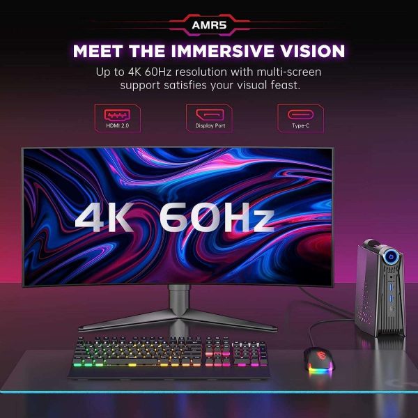 ACE 4K Gaming PC Mini PC 32GB RAM 512GB SSD with Ryzen 7 5700U, Mini Computer Small Form Factor Desktop Computer, Micro PC AMR5 Support 3 Mode PERF Switch, RGB Light, Upgrade Capacity, 4K UHD