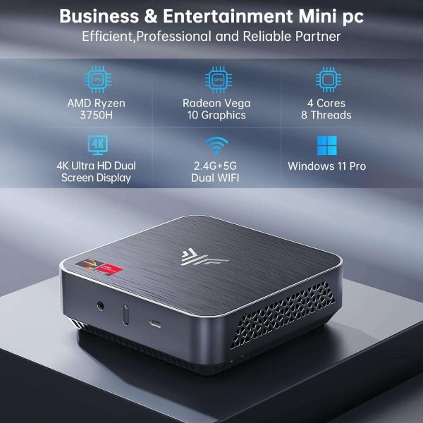 KAMRUI AM02 AMD Ryzen 7 3750H Mini PC Windows 11 Pro 16GB RAM 512 GB SSD Micro Desktop Computers, Radeon RX Vega 10 Graphics, DP 4K Dual Screen, Small Form Factor for Office Video Editing Light Gaming