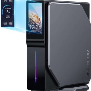 Office PC S1 Mini PC with LCD Screen, Intel Alder Lake-N100 (up to 3.4GHz), 16GB DDR4 1TB M.2 SSD Vertical Mini Computer, Mini Tower PC with RGB Light, WiFi 5/BT 4.2/4K UHD/Dual LAN for Home/Office.