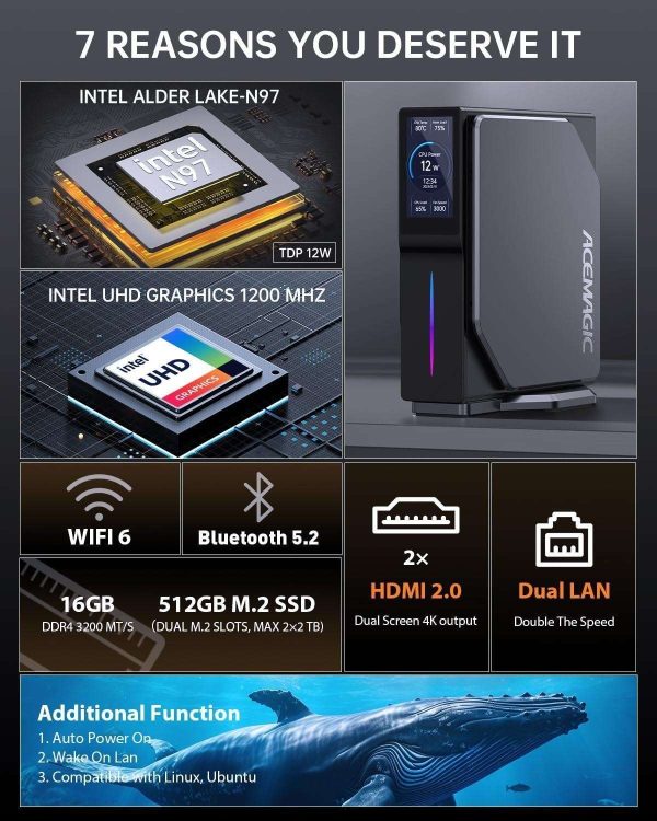 4K S1 Mini PC Intel N97 CPU (up to 3.6 GHz), 16GB DDR4 RAM 512GB M.2 SSD Mini Computer with LCD Screen, Vertical Mini Desktop PC with RGB Light, WiFi 6/BT 5.2/4K UHD/Dual LAN for Home/Office