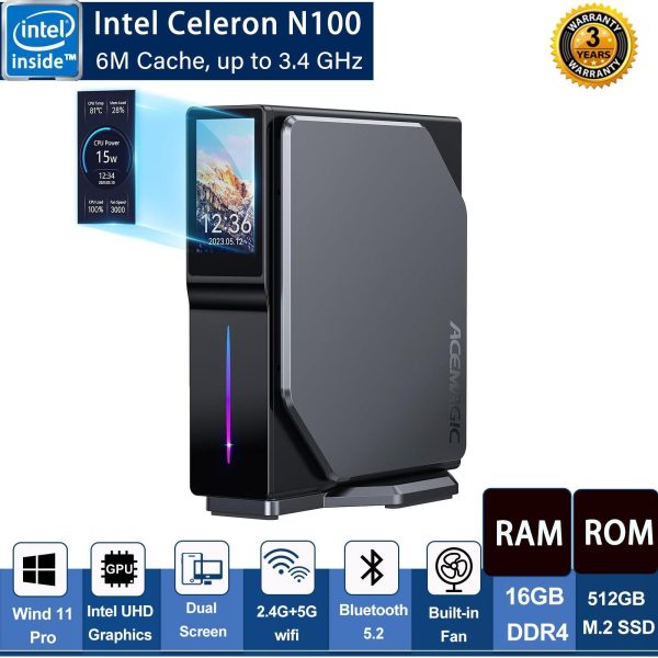 kamrui Vertical Office PC S1 Mini PC LCD Screen, Intel Alder Lake-N100 (up to 3.4GHz), 16GB DDR4 512GB M.2 SSD Mini Computer, Mini Tower PC and RGB Light, WiFi 5/BT 4.2/4K UHD/Dual LAN for Home/Office