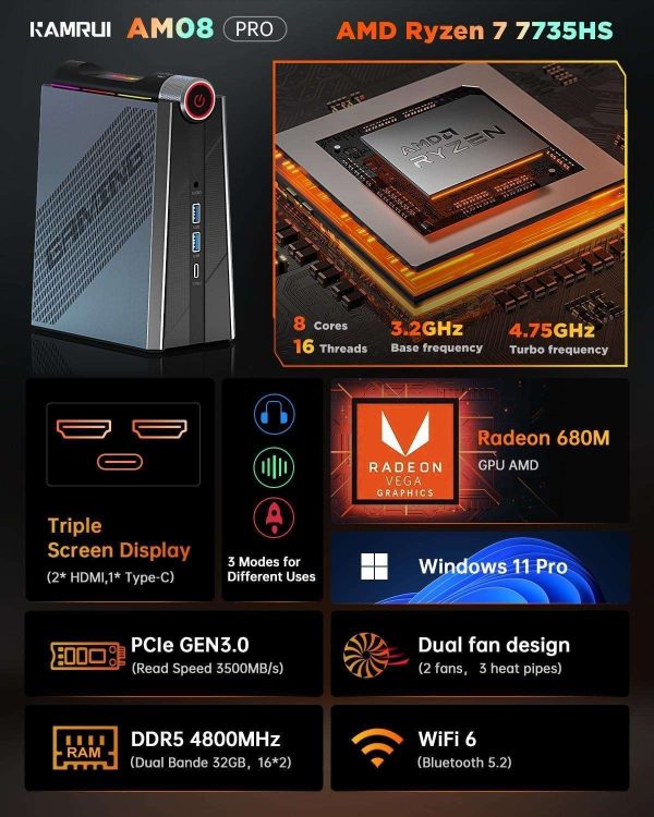 KAMRUI Mini Gaming PC, AMD Ryzen 7 7735HS(up to 4.75Ghz) 32GB RAM Dual Channel 512GB NVME SSD, Windows 11 Mini Computer Gaming Desktop PC 3 Mode PERF Switch, RGB Light, 4K UHD, Type-C, WiFi6/BT5.2