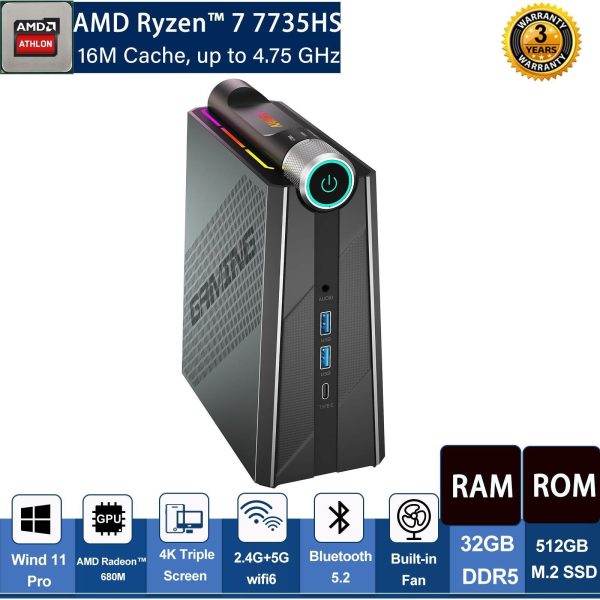 KAMRUI Mini Gaming PC, AMD Ryzen 7 7735HS(up to 4.75Ghz) 32GB RAM Dual Channel 512GB NVME SSD, Windows 11 Mini Computer Gaming Desktop PC 3 Mode PERF Switch, RGB Light, 4K UHD, Type-C, WiFi6/BT5.2