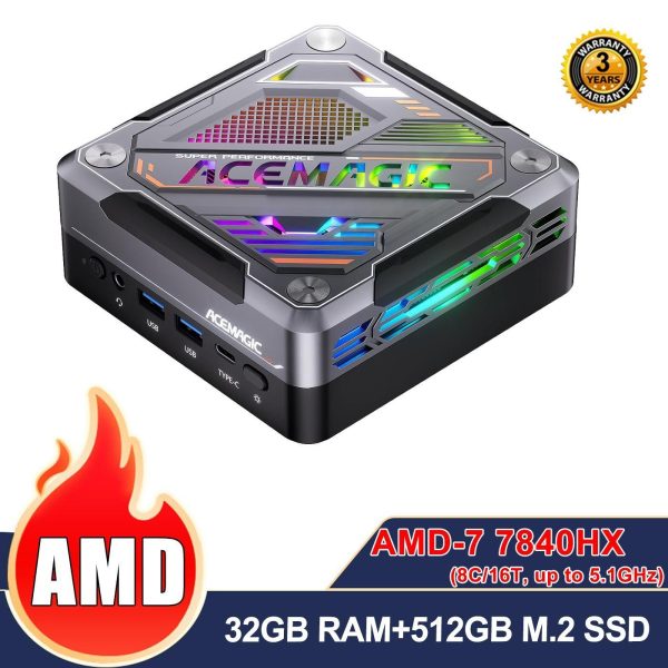 AM18 Mini PC, AMD Ryzen 7 7840HS (8C/16T, up to 5.1GHz), 32GB DDR5 512GB PCle 4.0 M.2 SSD, Windows 11 Mini Computer AMD Radeon 780M, USB4+HDMI+DP, WiFi 6/2.5G LAN/BT5.2/8K Triple Display Gaming/Office