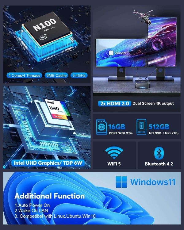 4k Mini PC, Intel 12th Gen Alder Lake- N100(up to 3.4GHz) Mini Tower Computer, 16GB DDR4 RAM 512GB SSD Mini Computer Windows 11 Support 4K HD/WiFi 5/BT4.2/Gigabit Ethernet for Home/Office